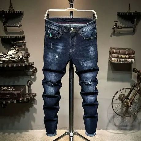 贝勒犀牛秋冬款男士牛仔裤修身直筒潮流百搭中腰弹力破洞青年学生图片