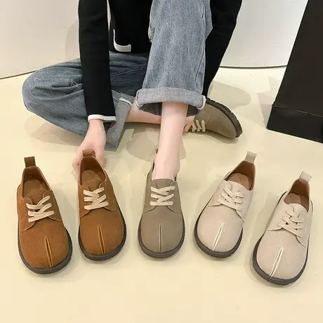 平底单鞋女系带小皮鞋2023新款秋季勃肯鞋软底孕妇英伦风乐福鞋子商品大图