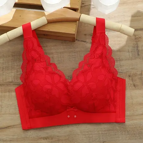 本命年红色内衣女大码胸罩无钢圈侧收副乳防下垂大胸显小文胸薄款图片