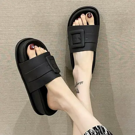 时尚皮带扣一字拖女夏季新款室内外穿松糕厚底增高防滑沙滩凉拖鞋商品大图