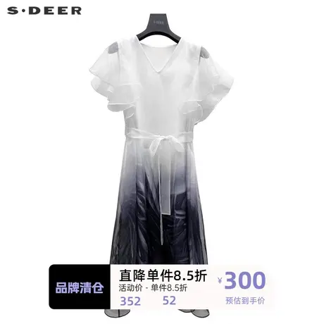 sdeer圣迪奥女装V领收腰晕染欧根纱短袖连衣裙S223Z124G图片