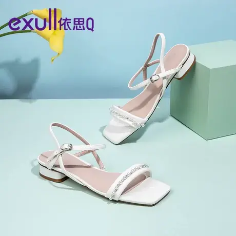 依思q凉鞋女秋季新款仙女风软底低跟平底鞋子一字扣带中跟粗跟鞋图片