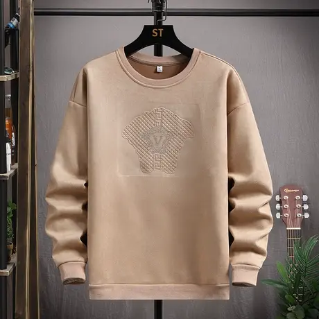 麂皮绒圆领卫衣男春秋季潮流长袖T恤宽松休闲潮牌秋装上衣打底衫商品大图