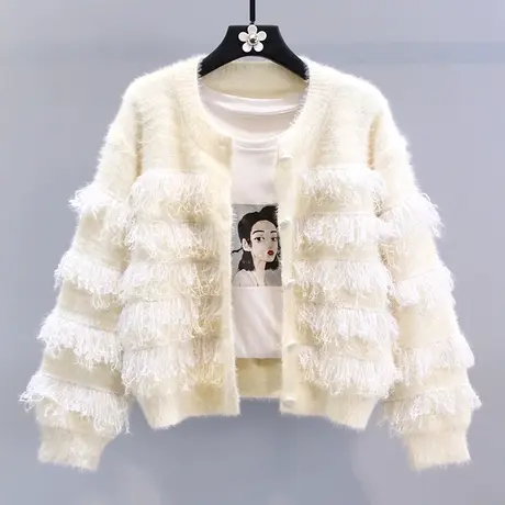 小香风甜美温柔流苏毛衣外套女秋冬2023新款宽松高级感针织开衫图片