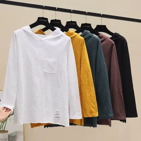 2023新宽松休闲纯色竹节棉连帽t恤衫女时尚破洞百搭开叉长袖卫衣图片