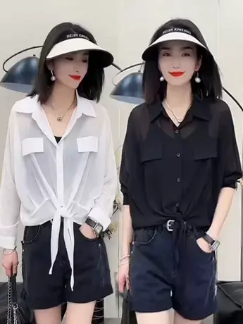 夏季新款防晒七分袖上衣衬衫女士宽松百搭纯色绑带薄款衬衣小衫潮商品大图