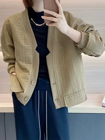 高级感格纹V领蝙蝠袖开衫女2023秋季外套夹克上衣女薄款设计感潮商品大图