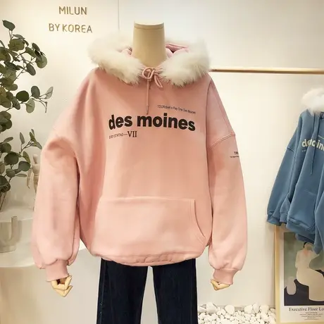 2020冬季加绒加厚卫衣女韩国东大门字母连帽毛领外套保暖宽松大码商品大图