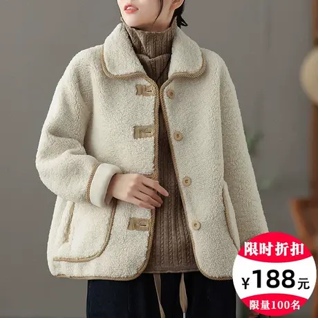 dza 复古宽松短款翻领羊羔绒外套女士冬季新款加厚羊羔毛休闲上衣图片