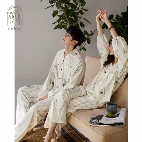妮狄娅情侣柔软棉睡衣女长袖v领套头男开衫款春秋简约家居服套装商品大图