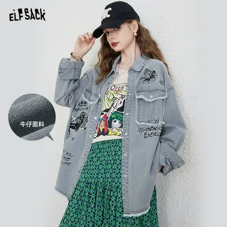 妖精的口袋牛仔外套女2023秋季新款宽松印花复古长袖休闲短外套潮商品大图