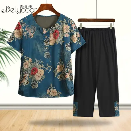 中年妈妈夏季新款休闲时尚棉绸套装奶奶短袖老人夏装女衣服两件套商品大图