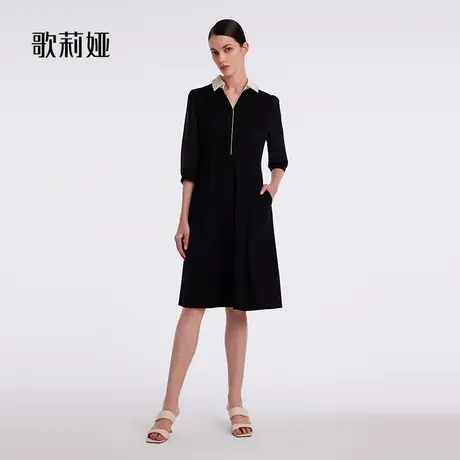 歌莉娅V领连衣裙女款春秋季新款气质通勤针织收腰小黑裙1B2C4H99A商品大图