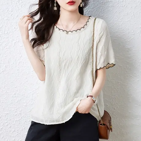 短袖衬衫女夏季新款宽松加大码女装休闲遮肚子显瘦上衣女花边小衫商品大图
