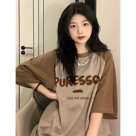 美式学院风T恤女撞色插肩袖短袖oversize大码纯棉ins潮牌夏季上衣图片