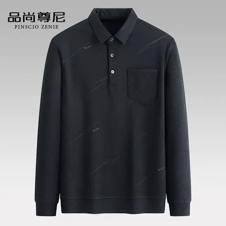 男士长袖t恤线条花纹点缀半开襟针织打底衫春秋款中老年人爸爸装商品大图