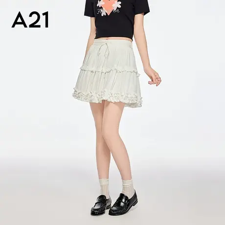 A21女装松紧腰抽绳拼接半身裙2025夏季新款简约设计感百褶A字短裙图片