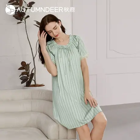 秋鹿竖条纹冰丝睡裙女2025年新款短袖仿真丝睡衣女裙薄款短裙夏款商品大图
