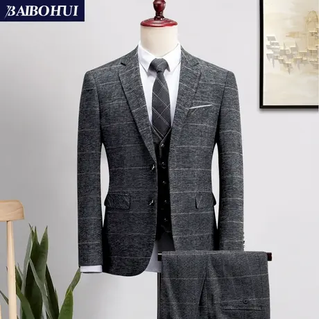 格子西装男套装新郎结婚礼服韩版修身英伦风西服套装男士商务正装图片
