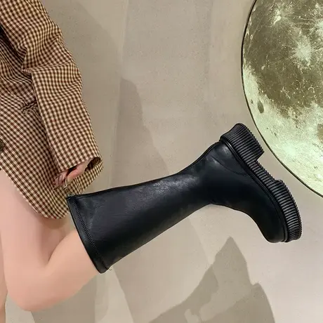 不过膝粗跟小众长筒靴女2023新款春秋高筒显瘦厚底增高复古骑士靴图片