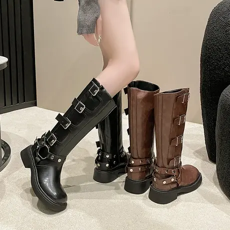 时尚粗跟长筒靴女2025年新款秋季小个子增高骑士靴配裙子百搭长靴商品大图