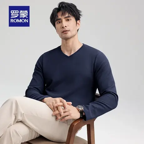【含桑蚕丝+华夫格】罗蒙男士V领长袖T恤2025春季时尚休闲卫衣男商品大图