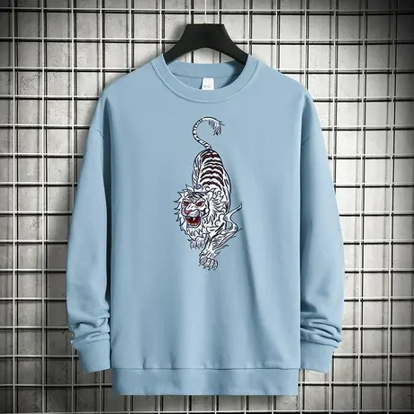 重磅纯棉卫衣男2023新款摇粒绒长袖t恤国潮老虎印花圆领无帽上衣图片