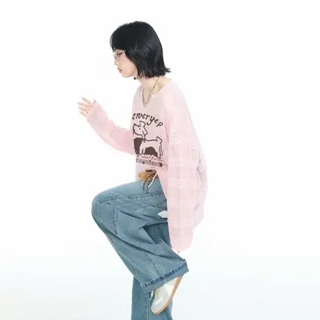 粉色镂空v领长袖T恤女夏季2025新款美式复古字母小狗罩衫慵懒风商品大图
