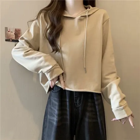 ins超火卷边长袖连帽卫衣女秋季宽松设计感小众别致短款上衣外套商品大图