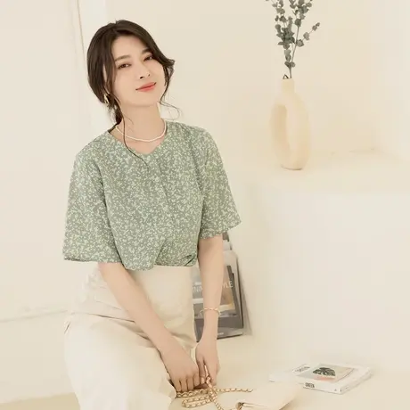 桔熊夏季通勤温柔小衫碎花伞袖衬衫宽松斗篷式上衣女大码AB18858商品大图