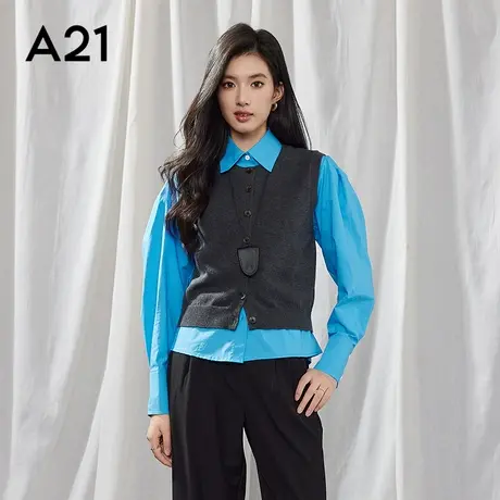 A21女装两件套毛针织衫长袖衬衫圆领毛衫套装商品大图