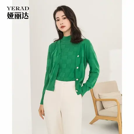 【商场同款】娅丽达休闲绿色羊毛针织开衫女春秋新款宽松毛衣外套商品大图
