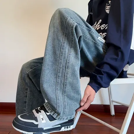 唐狮秋季新款男生阔腿牛仔裤宽松直筒长裤复古潮流美式高街裤子TM商品大图