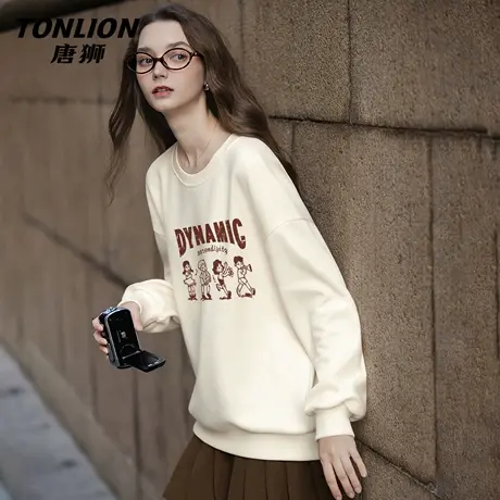 唐狮官方圆领卫衣女春秋款2026年新款休闲宽松显瘦无帽套头上衣VB商品大图