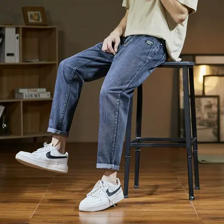 唐狮春秋季牛仔长裤男锥形宽松小直筒牛仔长裤潮酷时尚个性百搭图片