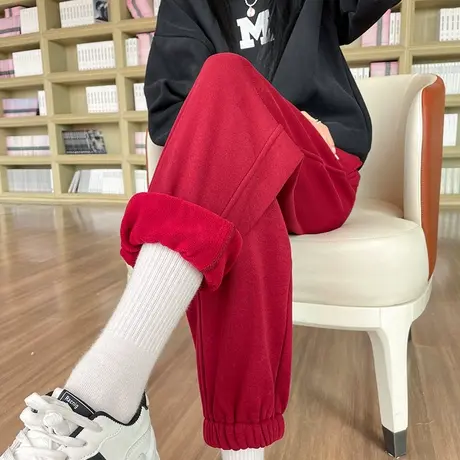 酒红色加绒加厚休闲运动裤女秋冬2023新款小个子束脚九分哈伦卫裤商品大图