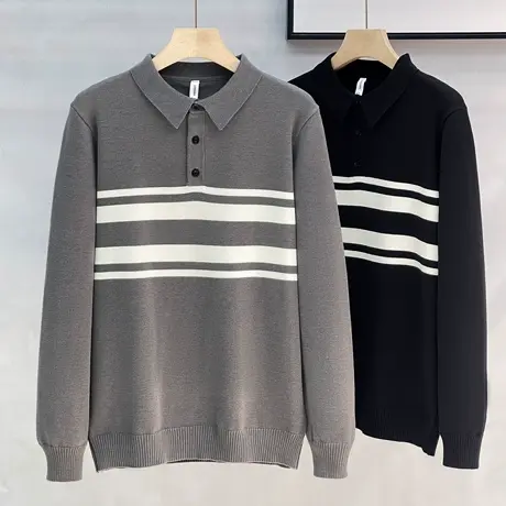 条纹polo衫翻领套头针织衫男秋冬季休闲韩版毛衣男装美式毛衫外套商品大图