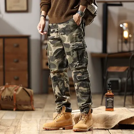 男款裤子百搭男生长裤迷彩宽松时尚束脚工装重磅水洗潮流工装裤商品大图