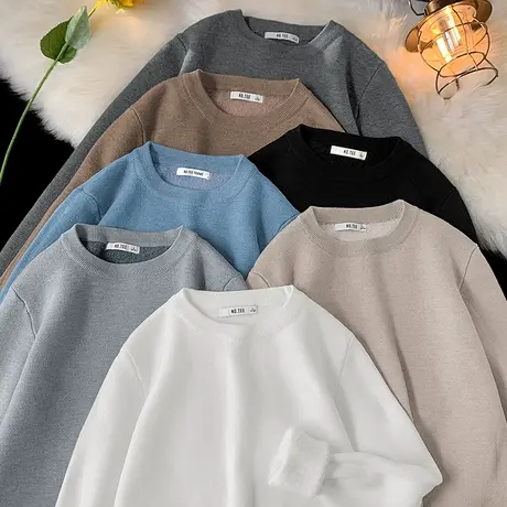 圆领毛衣男秋冬季一体绒加厚加绒保暖针织衫毛线衣纯色白色打底衫商品大图