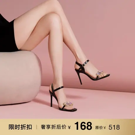 熙漫2023春夏新款凉鞋方头露趾一字带漆皮女鞋气质细跟水钻高跟鞋图片