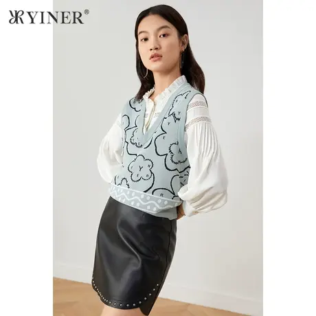 YINER音儿奥莱女装秋季V领无袖宽松毛针织衫商品大图