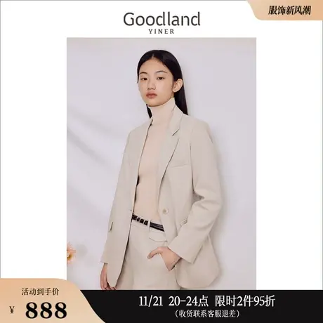 Goodland美地女装2023秋季浅灰色休闲西装领职场通勤短外套商品大图