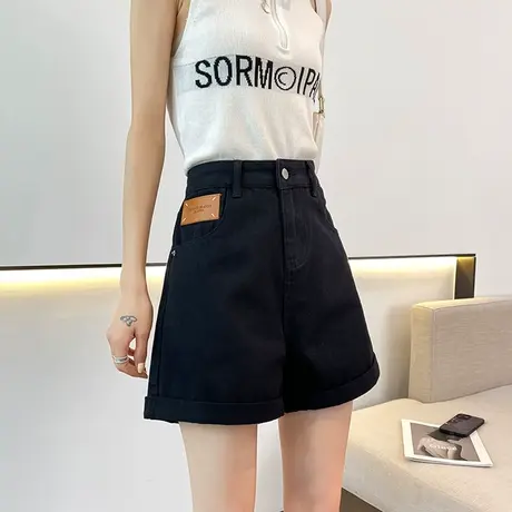 黑色高腰卷边牛仔短裤女夏季薄款宽松显瘦遮胯阔腿a字设计感热裤商品大图