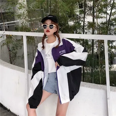 胖mm日系撞色外套女潮ins夏季薄款2023年新款宽松防晒衣大码女装商品大图