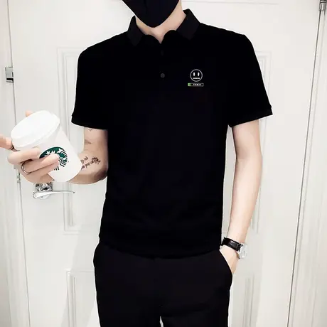 夏季男士polo衫t恤凡尔赛短袖翻领修身半袖刺绣笑脸潮流休闲体恤商品大图