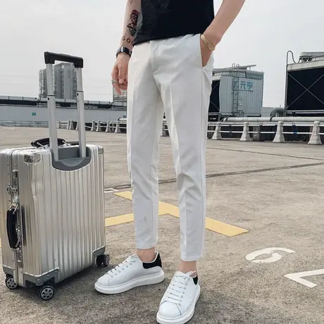 夏季男士休闲裤西装裤修身潮流潮牌纯色百搭ins直筒九分裤小西裤商品大图