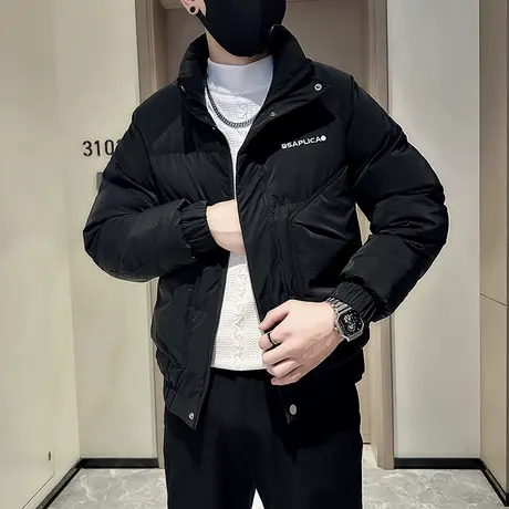 小字母棉服冬季新款ins潮纯色休闲立领加厚保暖棉衣外套帅气短款图片