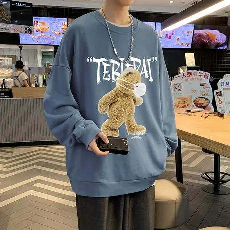 美式小熊无帽卫衣男春秋季潮流ins宽松套头港风内搭情侣圆领外套商品大图