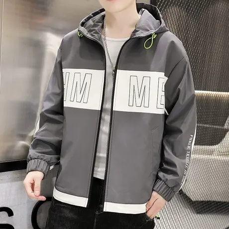 2022春秋季新款潮牌工装连帽外套男士夹克休闲宽松拼接撞色冲锋衣图片