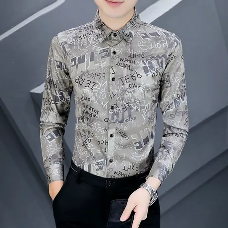 2022新款秋季潮牌印花衬衫男士长袖帅气个性衬衣休闲免烫抗皱男装商品大图